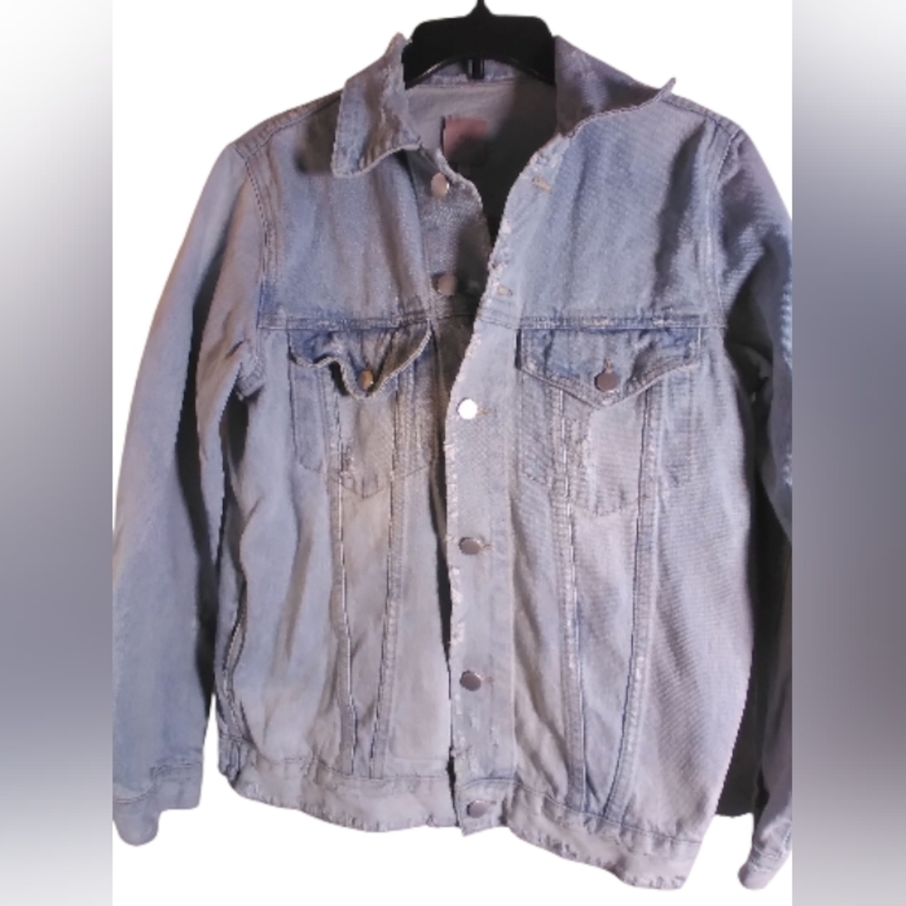 Laju Mens Light Blue Denim Jean Jacket Distressed 100% Cotton Pockets Size M